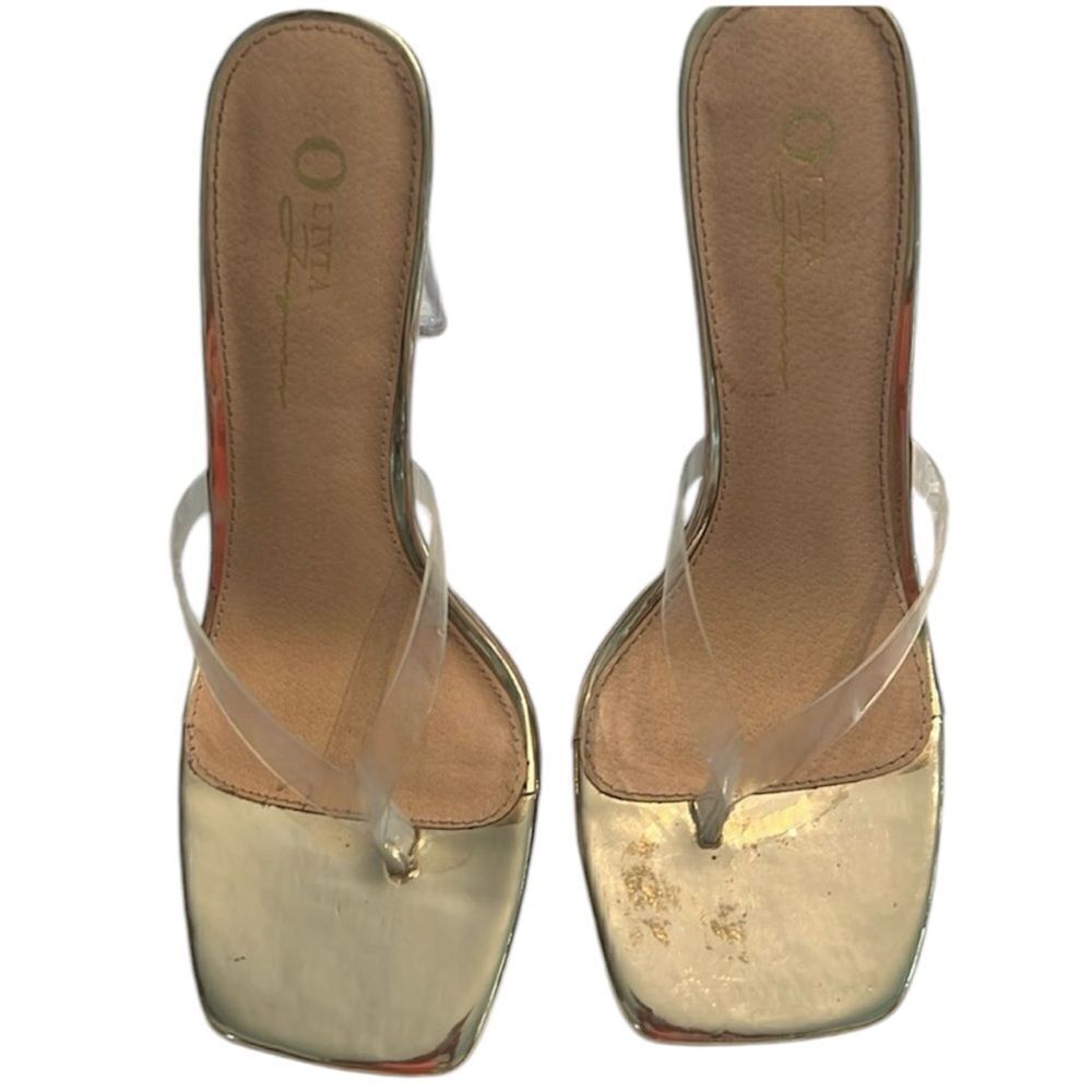 Olivia Ferguson sz7 gold tan with clear acrylic heels & straps 4.5” heels  EUC